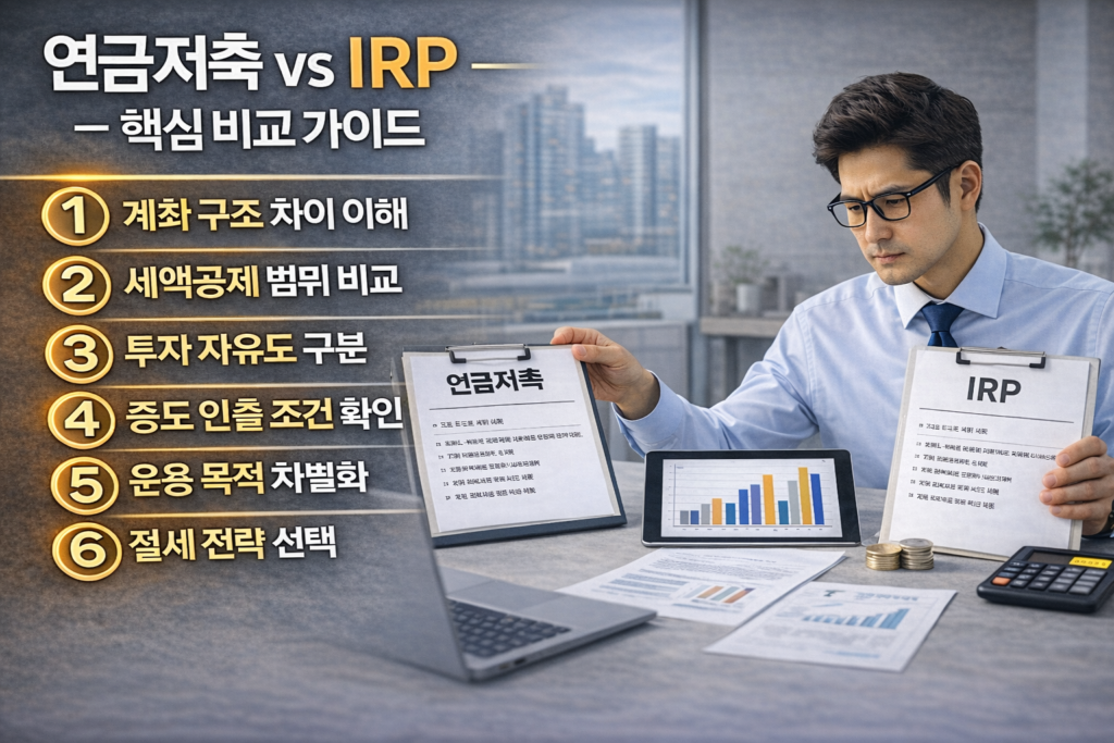 연금저축과 IRP의 구조와 절세 전략을 한눈에 이해할 수 있도록 구성한 금융 인포그래픽