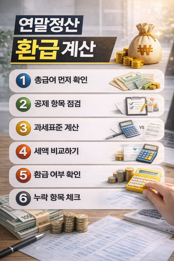 직장인을 위한 연말정산 환급 계산 절차와 공제 확인 과정을 시각적으로 설명한 현대적인 세금 관리 인포그래픽 이미지