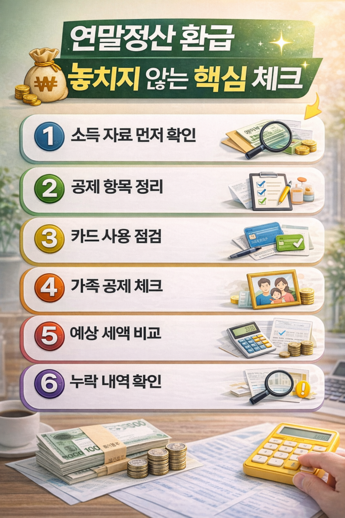 연말정산 환급을 놓치지 않기 위한 6가지 핵심 점검 단계를 정리한 직장인 세금 관리 인포그래픽 이미지