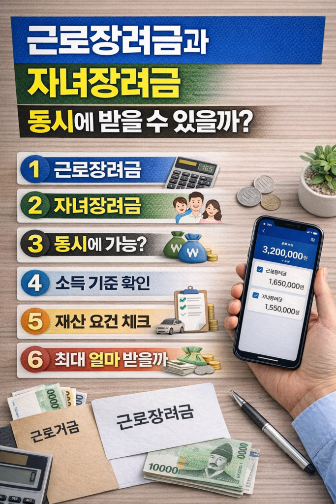 근로장려금과 자녀장려금 동시 수령 조건과 최대 금액을 한눈에 정리한 인포그래픽