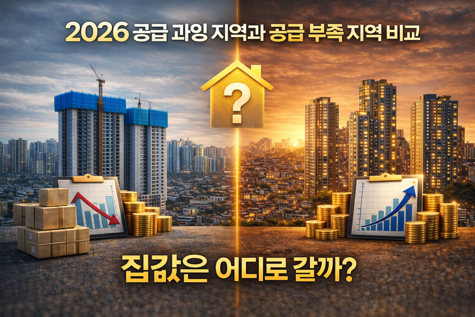2026년 부동산 시장에서 공급 과잉 지역과 공급 부족 지역을 시각적으로 비교한 썸네일 이미지
