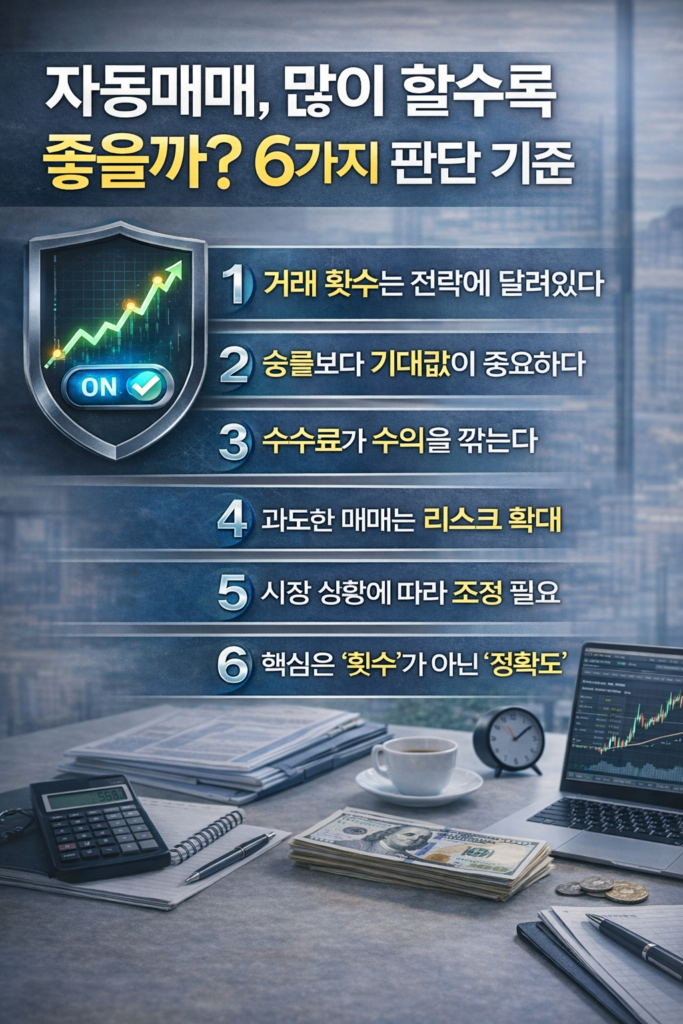 자동매매 거래 횟수와 수익 구조를 6가지 핵심 기준으로 설명한 알고리즘 트레이딩 인포그래픽