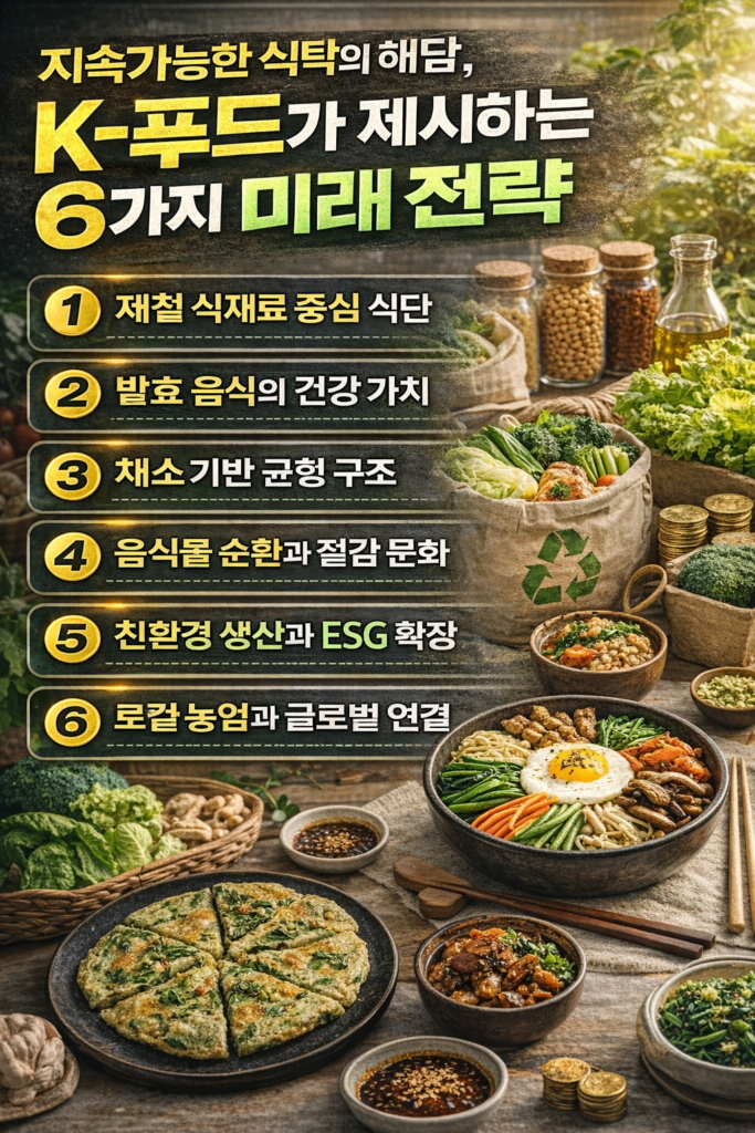 지속가능한 식탁의 해답으로 K-푸드가 제시하는 6가지 미래 전략을 정리한 인포그래픽 이미지
