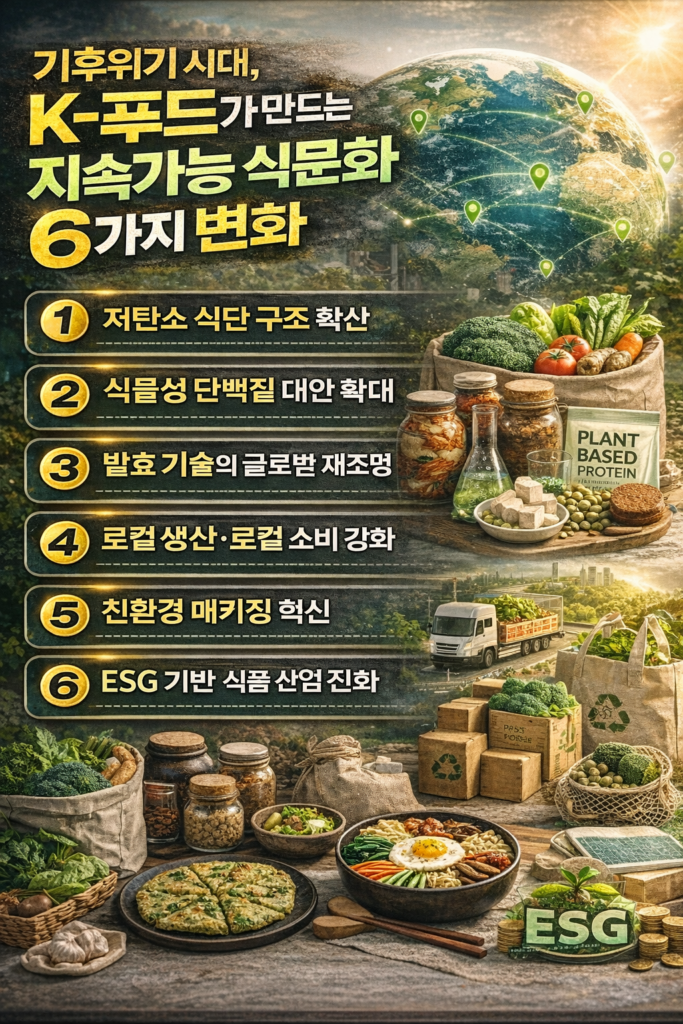 기후위기 시대에 K-푸드가 만드는 지속가능 식문화 6가지 변화를 정리한 인포그래픽 이미지