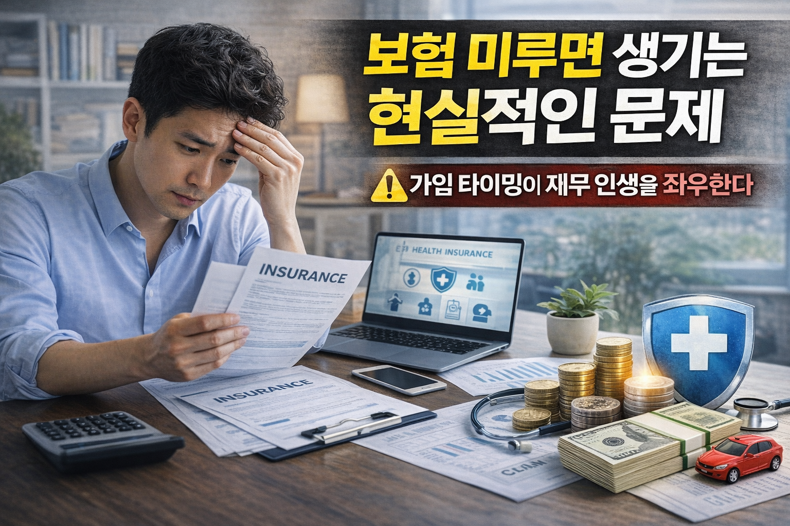 보험 서류를 들고 고민하는 직장인의 모습과 노트북 화면의 건강보험 아이콘, 책상 위 동전과 현금, 보험 관련 서류가 함께 배치된 현대적 재무 리스크 콘셉트 썸네일 이미지