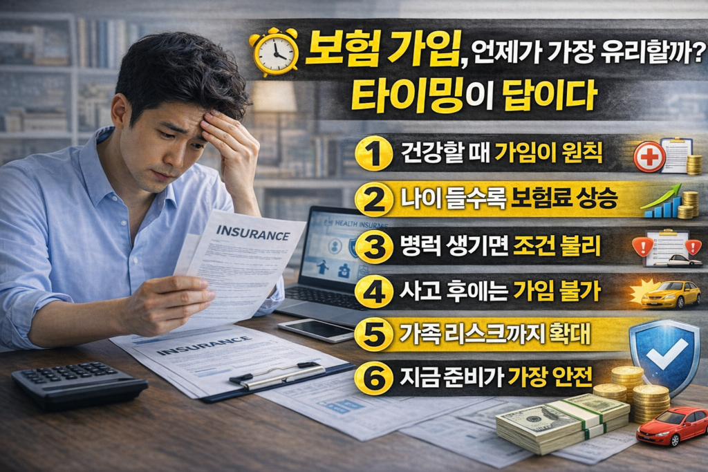 보험 서류를 들고 고민하는 직장인의 모습과 함께 ‘보험 가입, 언제가 가장 유리할까? 타이밍이 답이다’ 제목과 6가지 핵심 포인트가 정리된 현대적 보험 인포그래픽 이미지