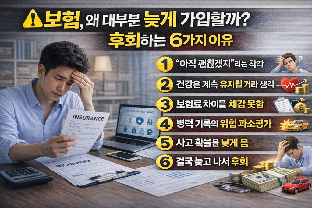 보험 서류를 들고 고민하는 직장인의 모습과 함께 ‘보험, 왜 대부분 늦게 가입할까? 후회하는 6가지 이유’ 제목과 6가지 핵심 이유가 정리된 현대적 보험 인포그래픽 이미지