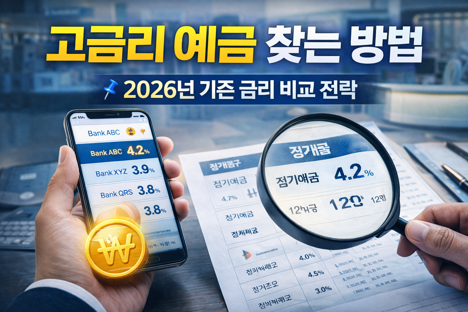 스마트폰 화면의 예금 금리 비교 화면과 돋보기로 정기예금 4.2% 금리를 확대해 보는 모습이 담긴 고금리 예금 찾기 썸네일 이미지