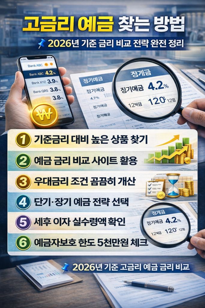 고금리 정기예금 어디가 가장 높을까를 주제로 시중은행과 저축은행 금리 차이, 인터넷은행 특판 상품, 최대 금리와 기본 금리 구분, 우대금리 조건, 세후 실수익 계산, 가입 타이밍 판단 6가지를 정리한 인포그래픽 이미지