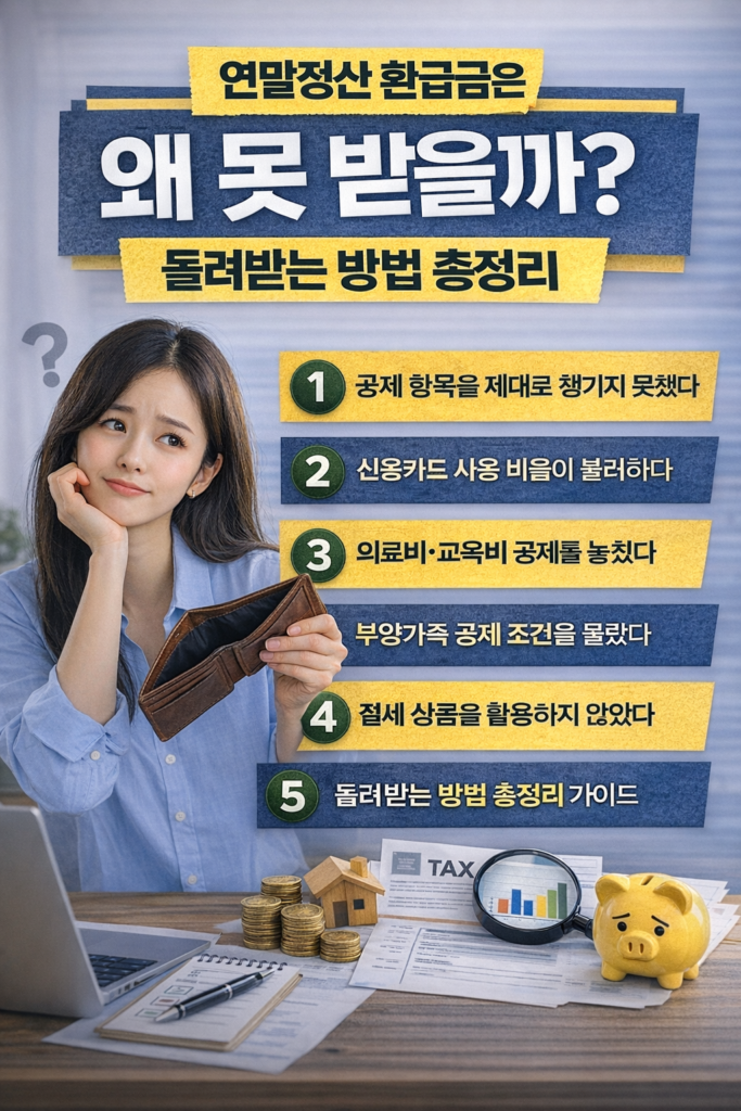 연말정산 환급금을 받지 못하는 주요 원인과 돌려받는 방법을 핵심 항목으로 정리한 절세 인포그래픽