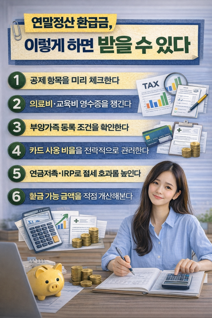 연말정산 환급금을 받기 위한 핵심 방법을 정리한 절세 인포그래픽