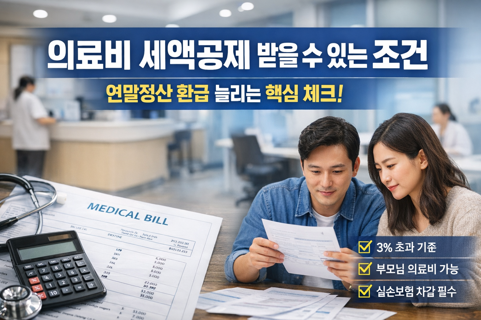 의료비 세액공제 조건과 연말정산 환급 체크포인트를 설명하는 병원 배경과 의료비 계산서, 계산기를 확인하는 부부의 모습