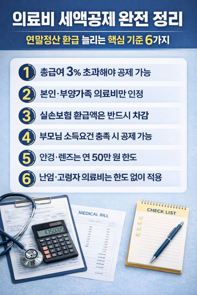의료비 세액공제 완전 정리와 연말정산 환급을 늘리는 6가지 핵심 기준을 정리한 한국어 인포그래픽 이미지