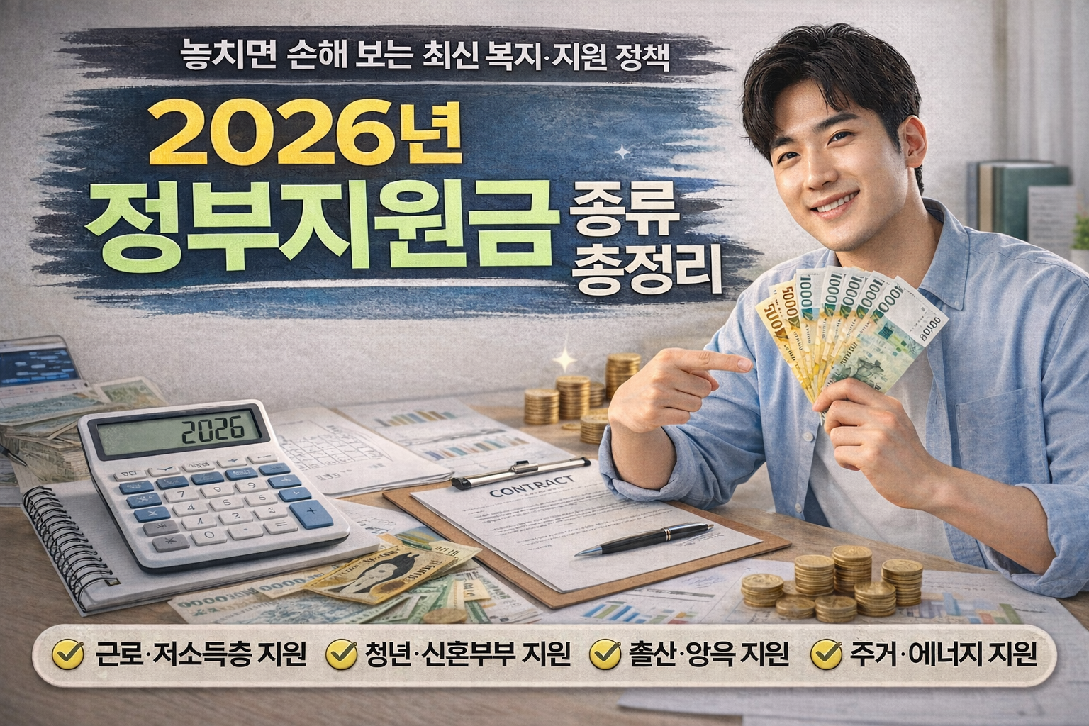 2026년 정부지원금 종류 총정리를 주제로 한 현대적인 금융 썸네일 이미지