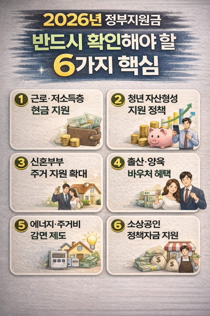 2026년 정부지원금 반드시 확인해야 할 6가지 핵심을 정리한 인포그래픽 이미지