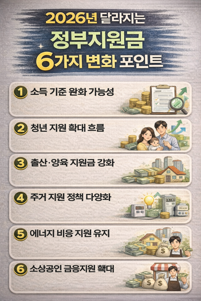 2026년 달라지는 정부지원금 6가지 변화 포인트를 정리한 인포그래픽 이미지