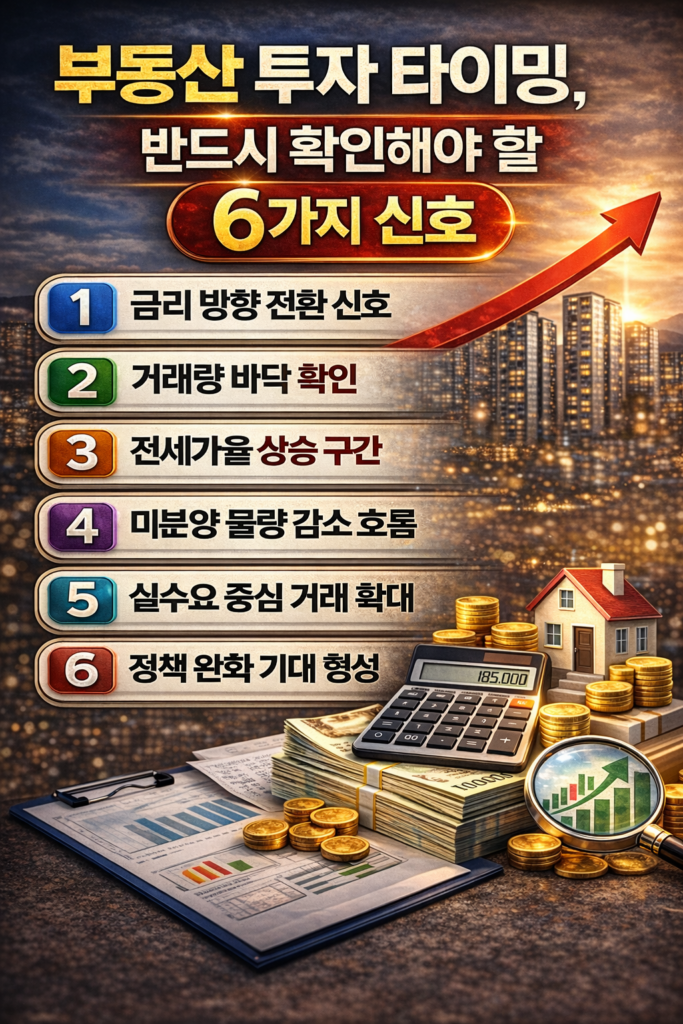 부동산 투자 타이밍, 반드시 확인해야 할 6가지 신호를 정리한 인포그래픽 이미지