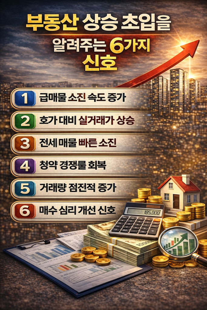 부동산 상승 초입을 알려주는 6가지 신호를 정리한 인포그래픽 이미지