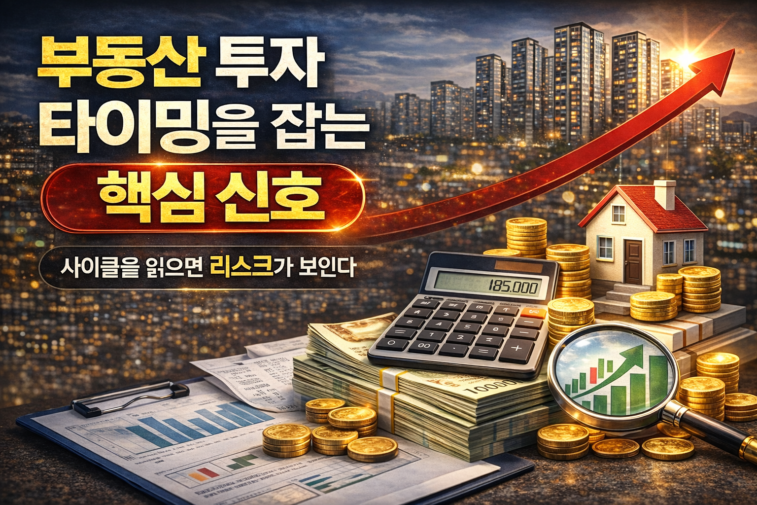 부동산 투자 타이밍을 잡는 핵심 신호를 주제로 한 현대적인 썸네일 이미지