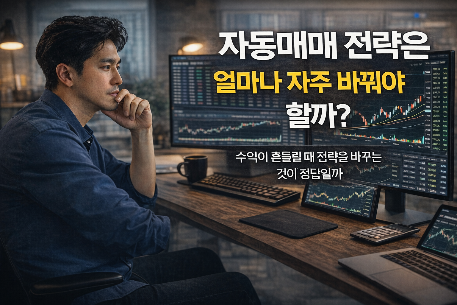 여러 개의 모니터에 주식 차트와 자동매매 화면을 띄워 놓고 자동매매 전략 변경 시점을 고민하는 트레이더의 모습