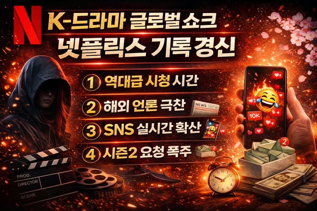 넷플릭스 기록을 경신한 K-드라마 글로벌 쇼크를 강조한 강렬한 인포그래픽 이미지