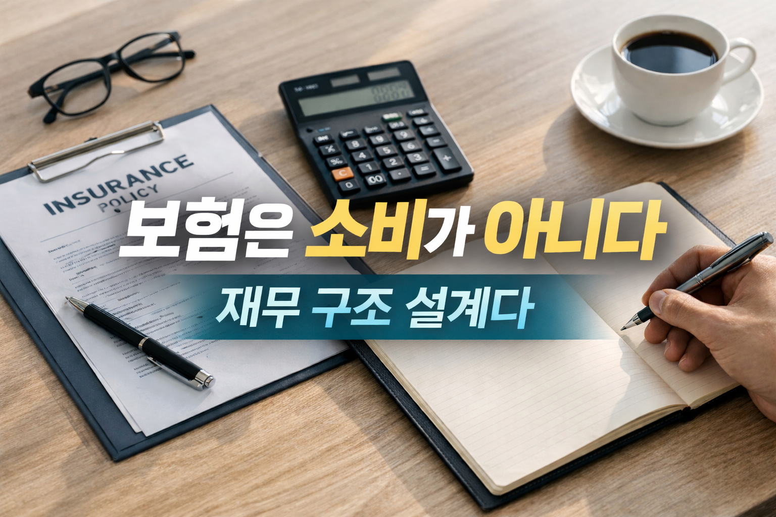 현대적인 사무 공간에서 보험 서류와 계산기, 노트 위에 펜을 들고 재무 설계를 하는 모습의 실물 사진, 보험은 소비가 아니라 재무 구조 관리라는 의미를 표현한 이미지
