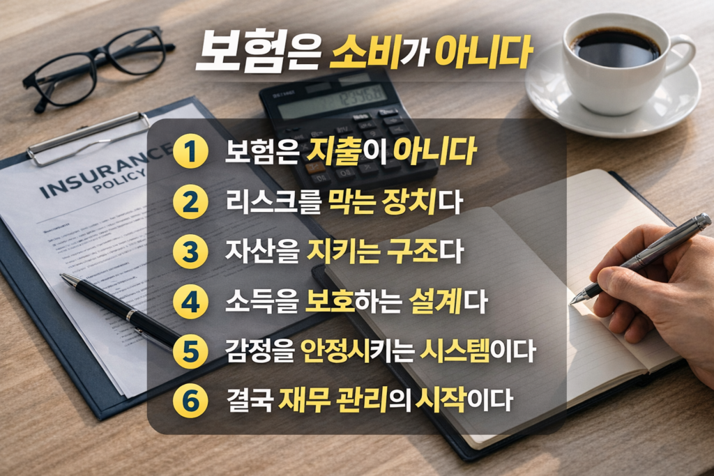 현대적인 사무 공간에서 보험 서류와 계산기, 노트 위에 펜을 들고 재무 설계를 하는 모습 위에 ‘보험은 소비가 아니다’와 6가지 관리 이유가 정리된 인포그래픽 이미지