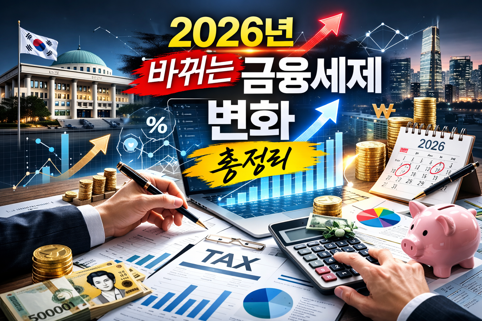 2026년 금융세제 변화 총정리를 주제로 세금 보고서, 계산기, 동전, 돼지저금통, 상승 그래프와 도시 야경이 함께 배치된 현대적인 재테크 썸네일 이미지
