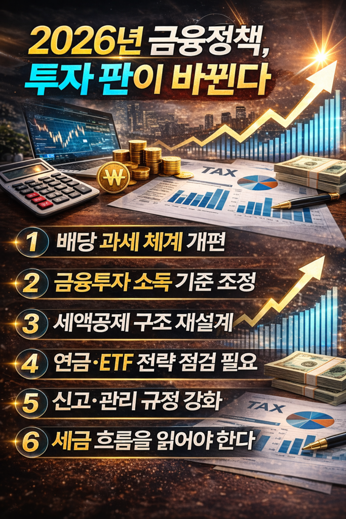 ‘2026년 금융정책, 투자 판이 바뀐다’라는 제목과 함께 배당 과세 체계 개편, 금융투자 소득 기준 조정, 세액공제 구조 재설계 등 6가지 핵심 변화를 정리한 현대적인 금융 인포그래픽 이미지로, 계산기와 세금 보고서, 동전, 상승 그래프가 배치된 재테크 콘셉트 디자인