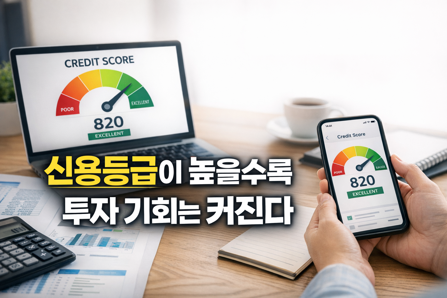 연말정산 환급금 지급 시기를 확인하는 직장인과 계산기, 현금이 놓인 현대적인 재테크 이미지