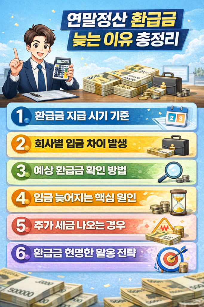 연말정산 환급금 지급 시기와 입금 지연 이유, 환급금 활용 전략을 6가지 핵심 항목으로 정리한 인포그래픽 이미지