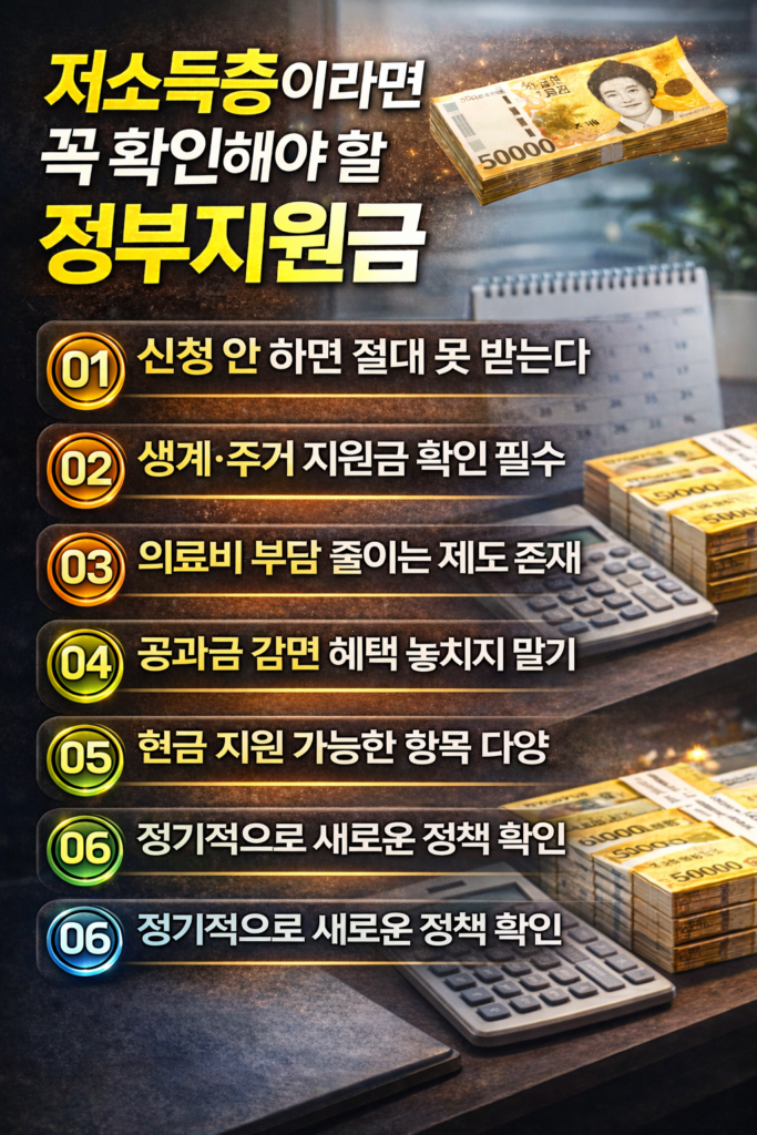 저소득층이 신청 가능한 정부지원금과 생활비 절감 혜택 6가지를 정리한 정부 복지 지원 인포그래픽 이미지