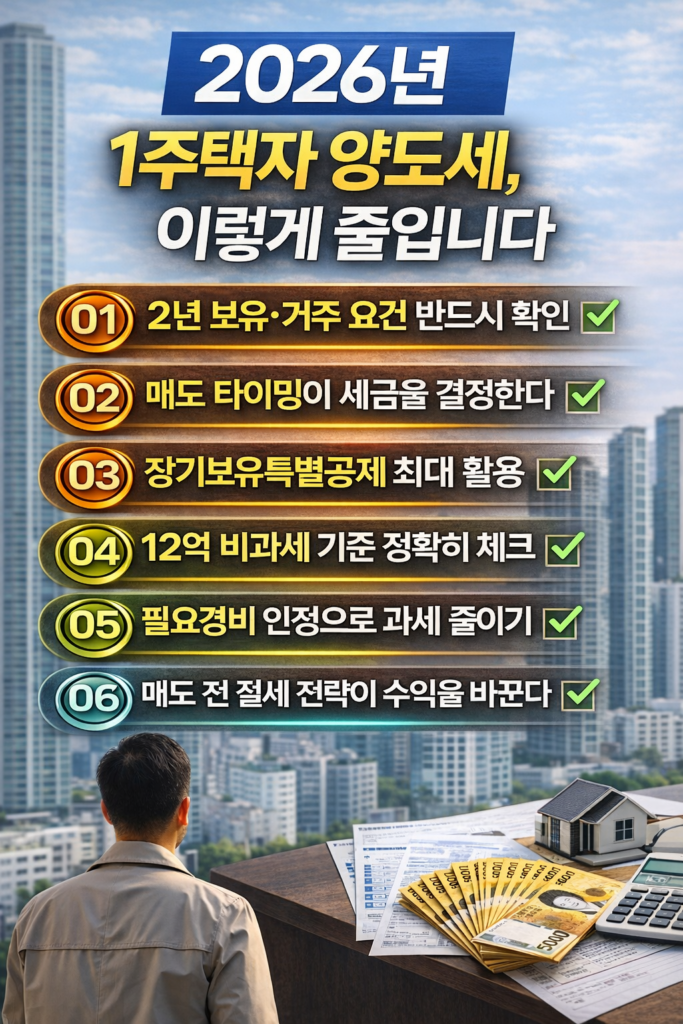 2026년 1주택자가 양도소득세를 줄이기 위한 절세 전략 6가지를 정리한 부동산 세금 인포그래픽 이미지