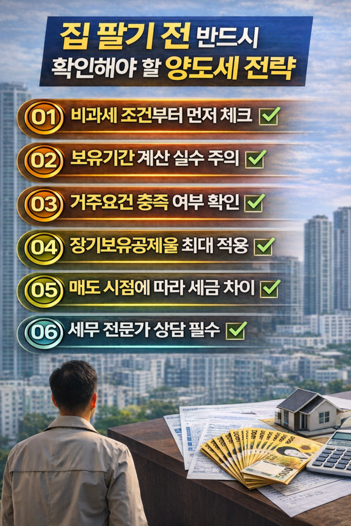 집 매도 전 반드시 확인해야 할 1주택자 양도소득세 절세 전략 6가지를 정리한 부동산 세금 인포그래픽 이미지