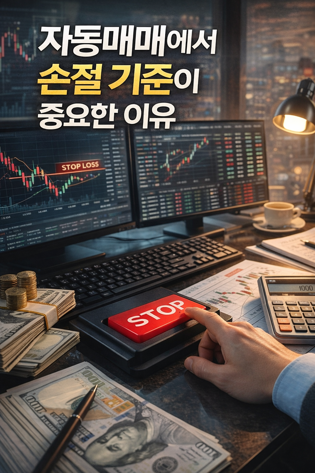 자동매매 투자에서 손절 기준의 중요성과 리스크 관리 전략을 설명하는 알고리즘 트레이딩 썸네일 이미지