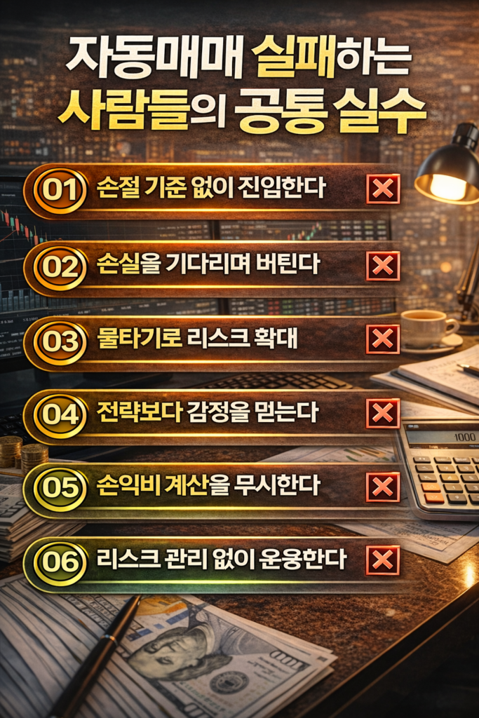 자동매매 투자에서 실패하는 주요 원인과 손절 기준 및 리스크 관리 실수를 정리한 트레이딩 인포그래픽 이미지