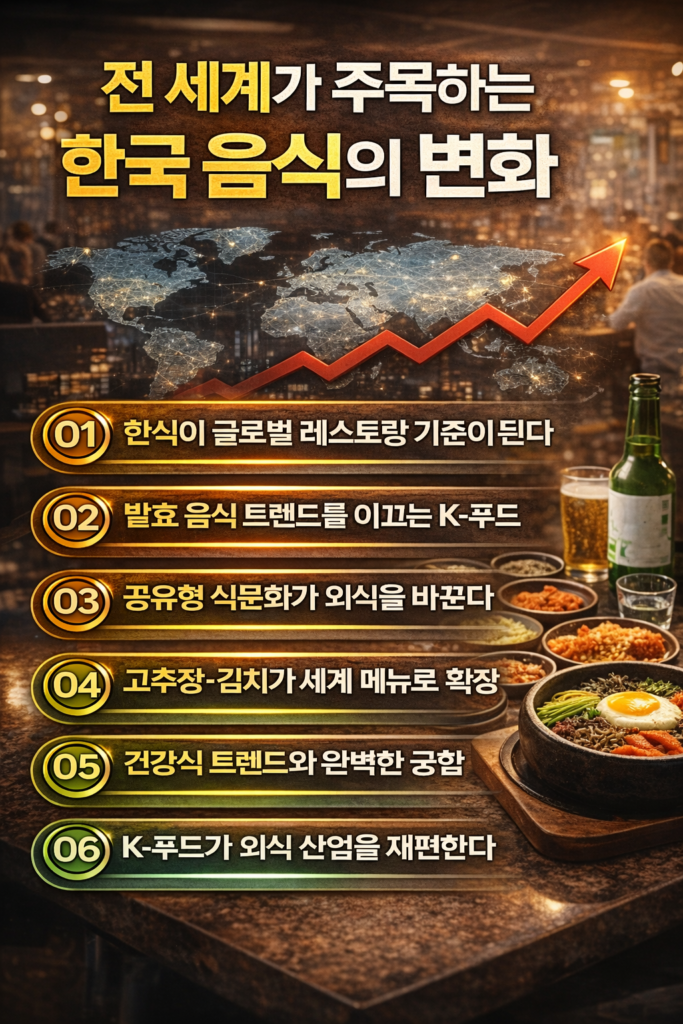 한국 음식이 글로벌 레스토랑 트렌드와 외식 산업을 변화시키는 핵심 요소 6가지를 정리한 K-푸드 인포그래픽 이미지