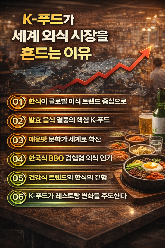 K-푸드가 세계 외식 시장과 글로벌 레스토랑 트렌드를 변화시키는 이유 6가지를 정리한 한식 세계화 인포그래픽 이미지
