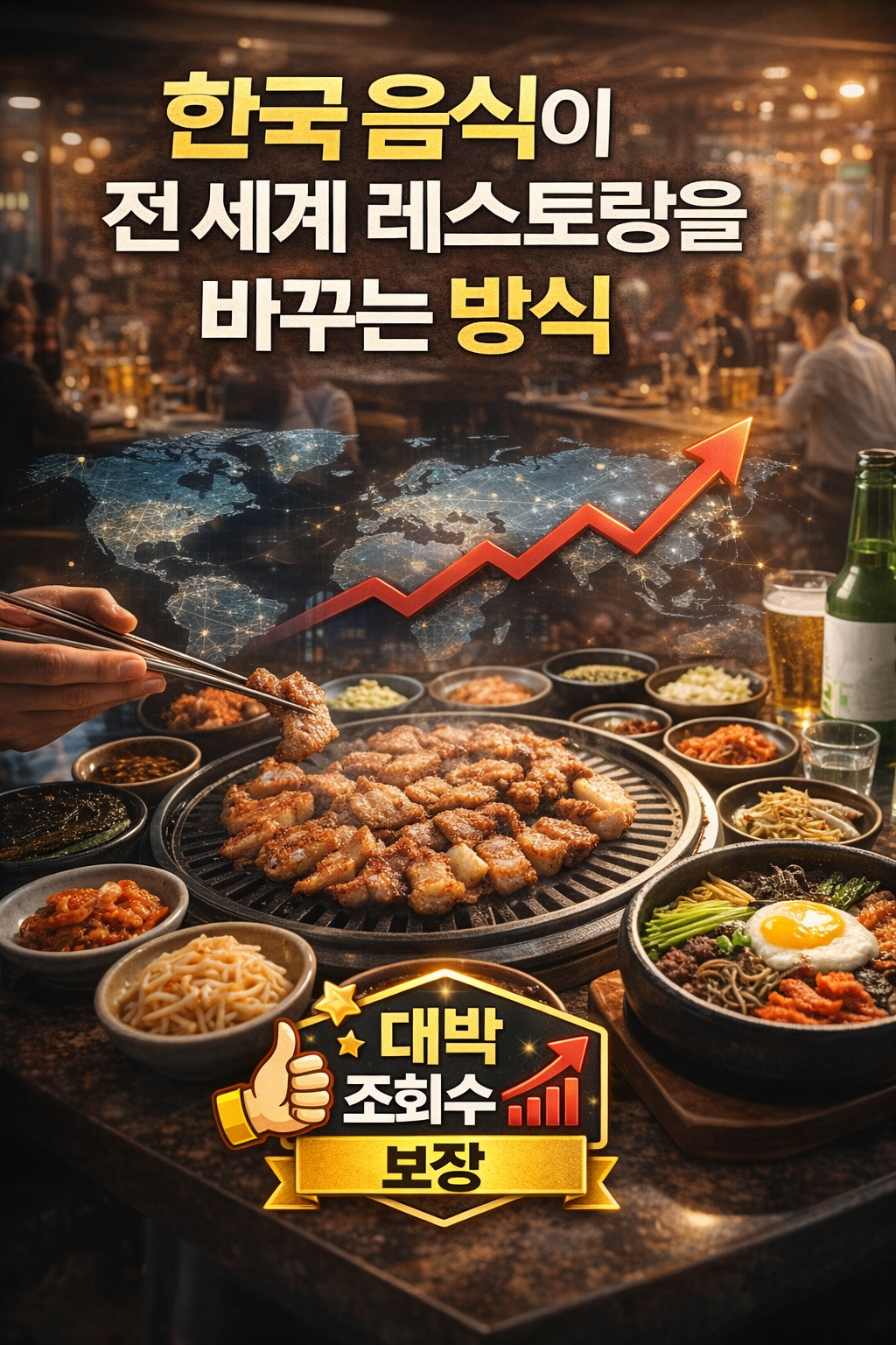 한국 음식이 전 세계 레스토랑 문화와 외식 트렌드를 변화시키는 모습을 표현한 K-푸드 글로벌 영향력 썸네일 이미지