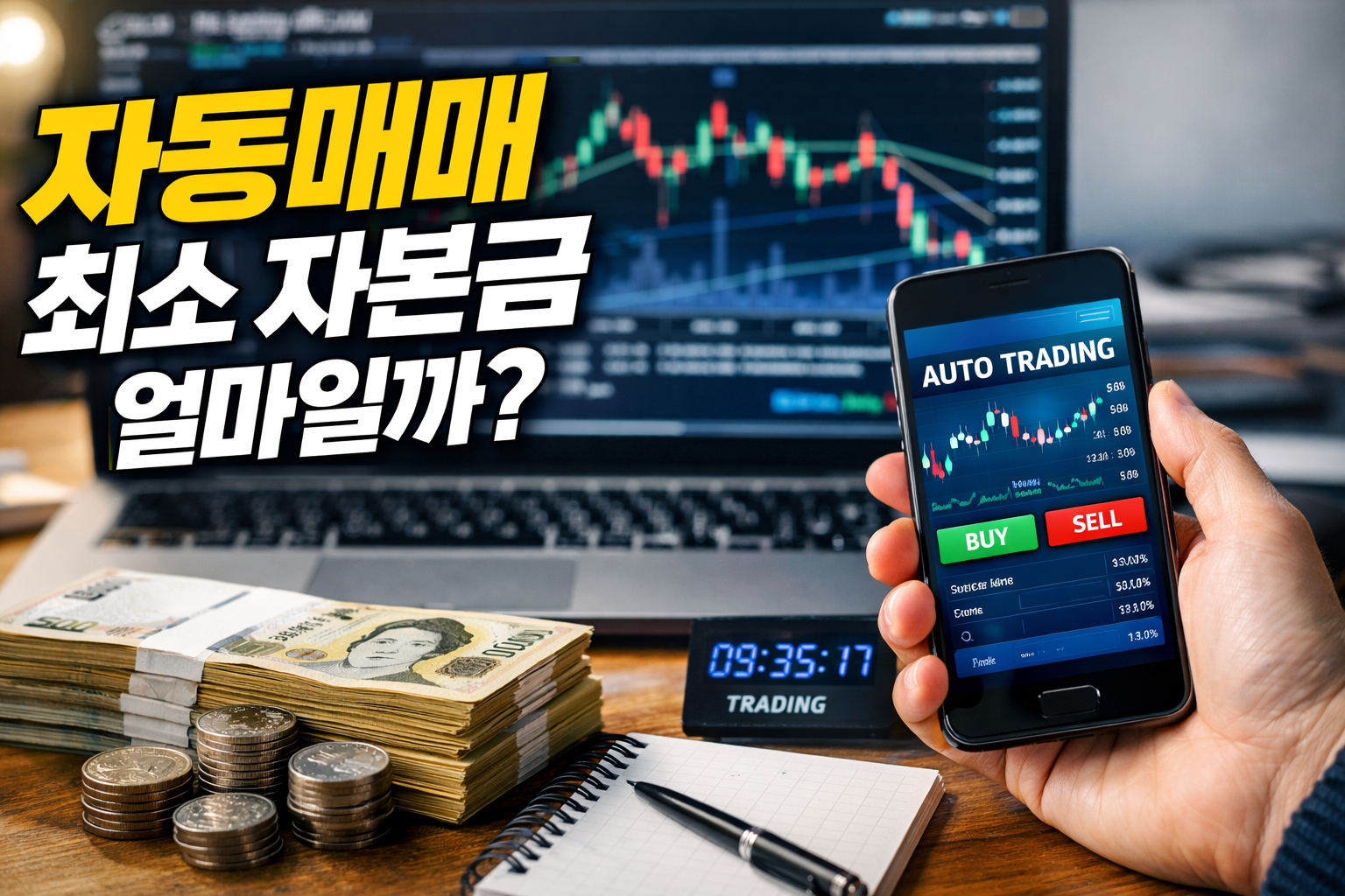 자동매매 최소 자본금은 얼마일까? 실전 투자 환경을 보여주는 현대적인 금융 트레이딩 이미지