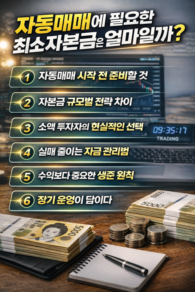 자동매매 시작 전 준비 사항과 자본금 규모별 전략, 자금 관리 원칙을  정리한 금융 인포그래픽 이미지