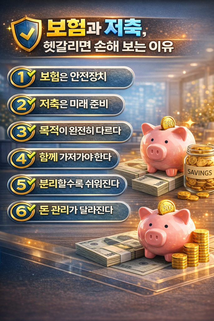 보험과 저축의 차이를 6가지 핵심 문구로 정리해 올바른 자산 관리 원칙을 쉽게 이해하도록 만든 재테크 인포그래픽