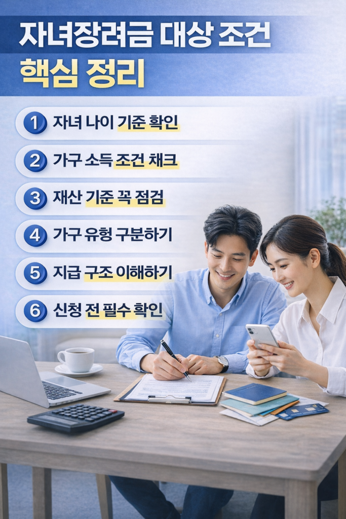 자녀장려금 대상 조건을 한눈에 이해할 수 있도록 정리한 재테크 인포그래픽