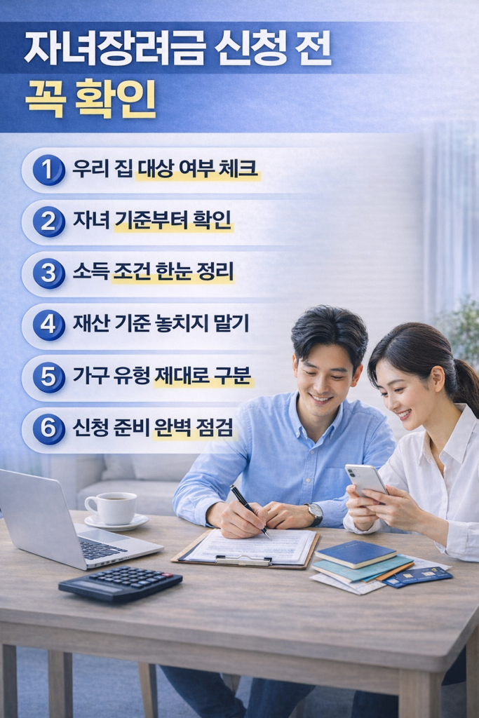 자녀장려금 대상 여부와 신청 준비를 한눈에 보여주는 재테크 인포그래픽