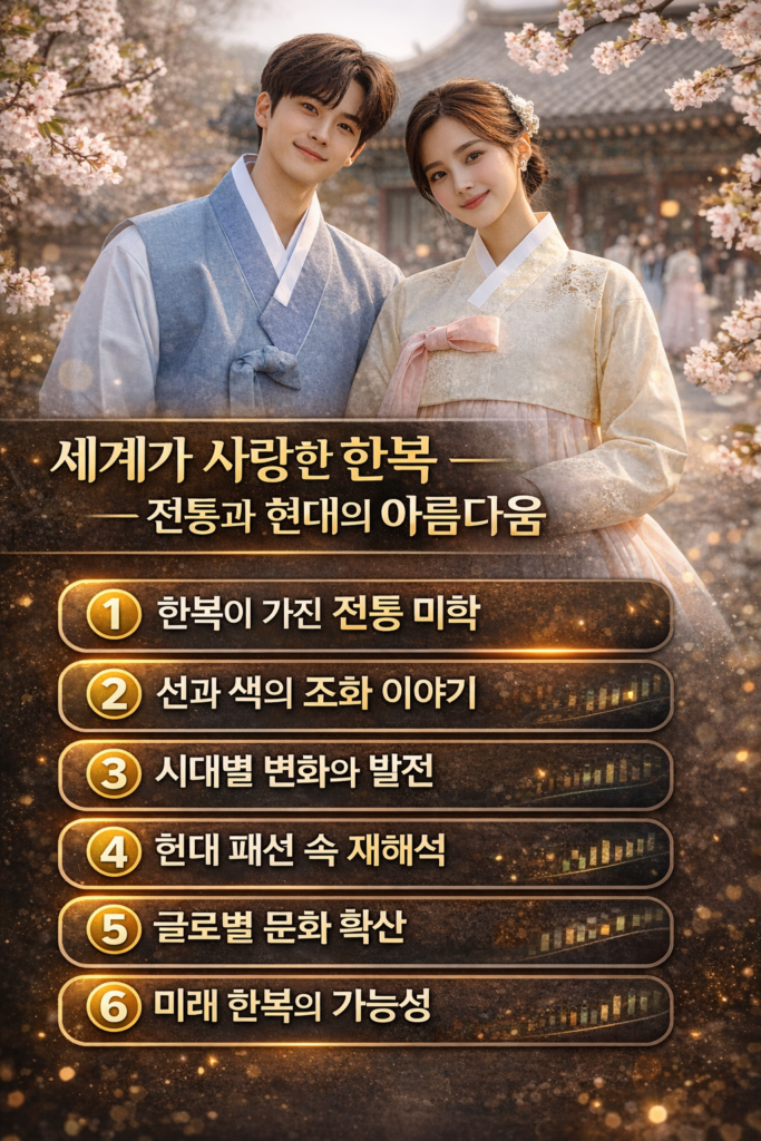 세계가 주목하는 한복의 전통 미학과 현대적 변화를 정리한 인포그래픽