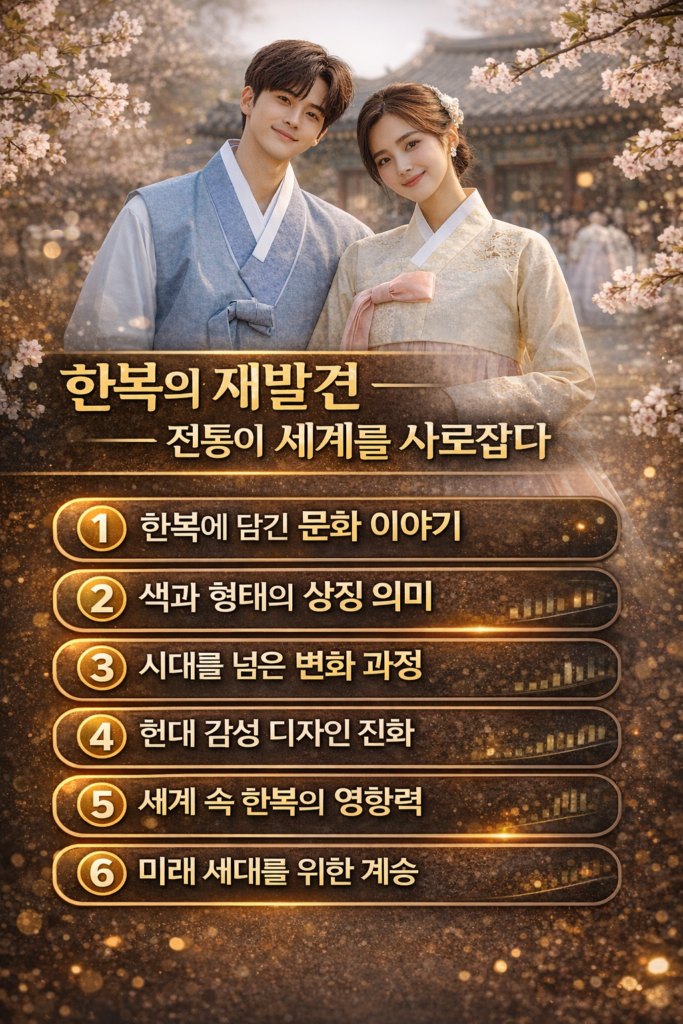 한복의 전통과 현대적 변화를 핵심 요소로 정리한 문화 인포그래픽