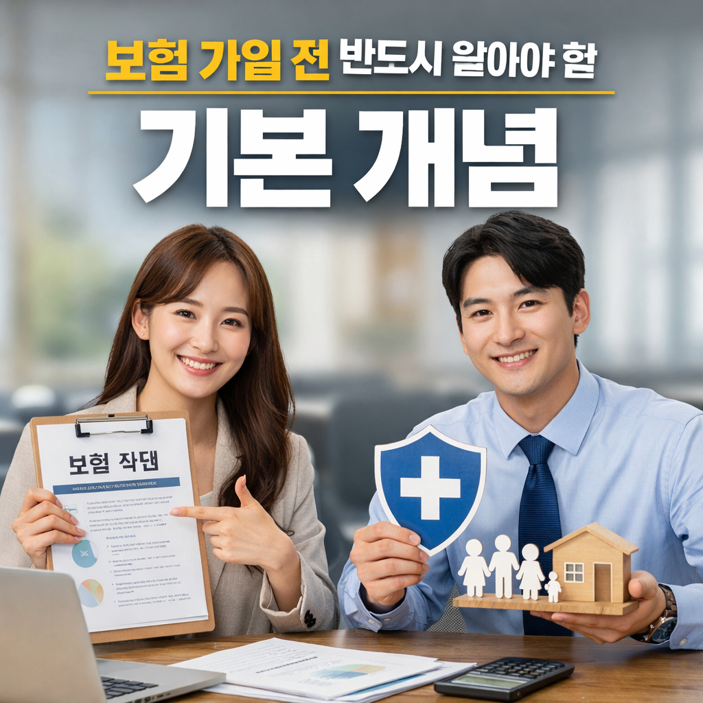 보험 가입 전 반드시 알아야 할 기본 개념을 설명하는 블로그 썸네일로, 보험 상담을 하는 젊은 남녀가 보험 서류와 가족 모형, 보호 방패 아이콘을 들고 있는 현대적인 보험 상담 장면