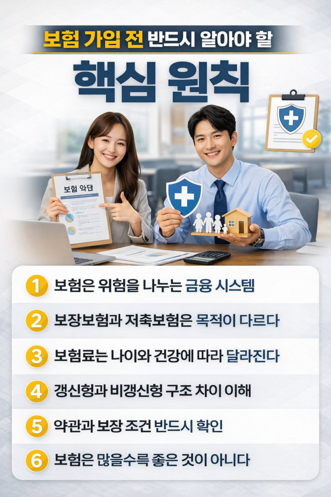 보험 가입 전 반드시 알아야 할 핵심 원칙을 정리한 인포그래픽으로, 보험 상담 장면과 함께 위험 분산, 보장보험과 저축보험 차이, 보험료 결정 요소, 갱신형과 비갱신형 구조, 약관 확인, 보험 과잉 가입 주의 등 6가지 기본 개념을 설명한 현대적인 금융 정보 이미지