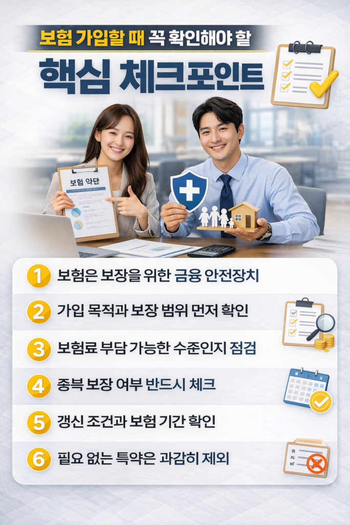 보험 가입할 때 꼭 확인해야 할 핵심 체크포인트를 정리한 인포그래픽으로, 보험 상담 장면과 함께 보장의 목적, 보장 범위 확인, 보험료 부담 점검, 중복 보장 확인, 갱신 조건 확인, 불필요한 특약 제외 등 6가지 보험 가입 체크 사항을 설명한 현대적인 금융 정보 이미지