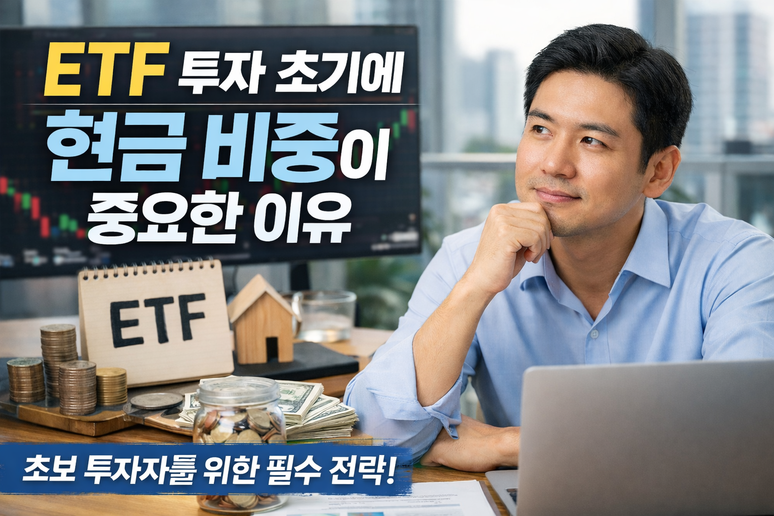 ETF 투자 초기에 현금 비중의 중요성을 설명하는 투자 블로그 썸네일 이미지. 노트북과 ETF 메모, 동전과 돈이 놓인 책상 앞에서 투자 전략을 고민하는 남성 모습과 함께 ‘ETF 투자 초기에 현금 비중이 중요한 이유’라는 문구가 강조된 현대적인 썸네일